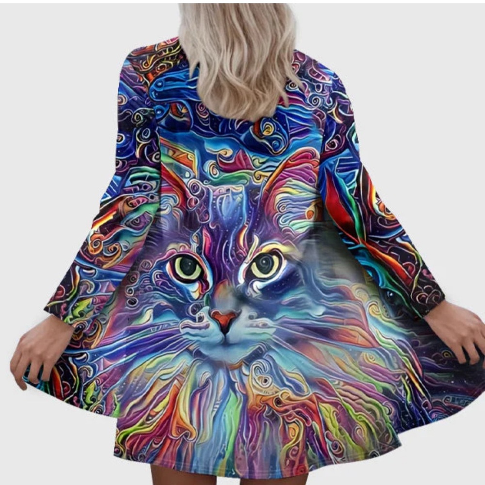 CAT CARDIGAN TUNIC OPEN FRONT PSYCHEDELIC KITTY COLORFUL COVERUP 3XL
